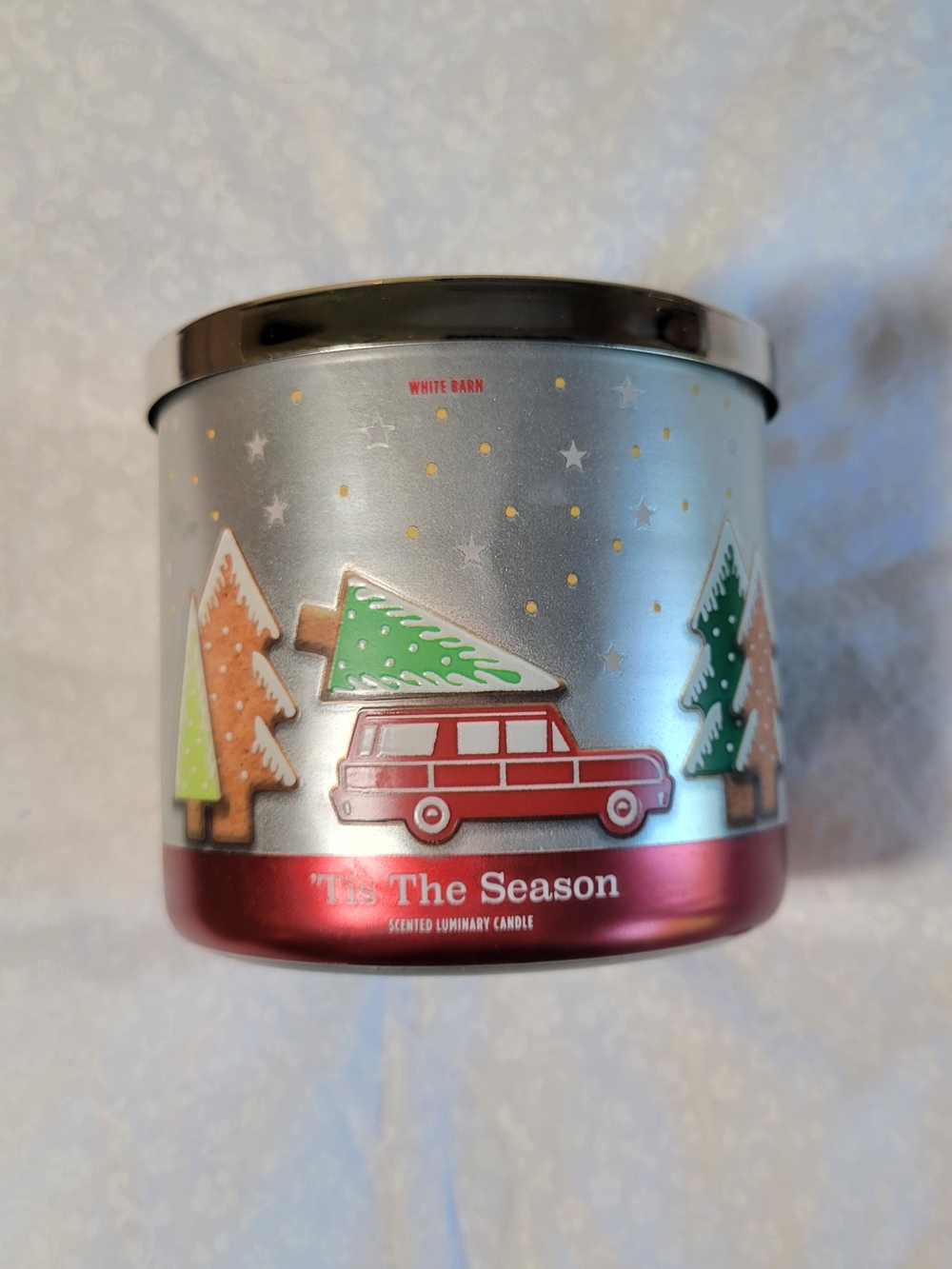 White Barn Red and Silver Holiday Car & Tree Candle Tin